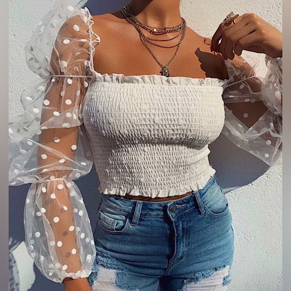 White Shirred Crop-top